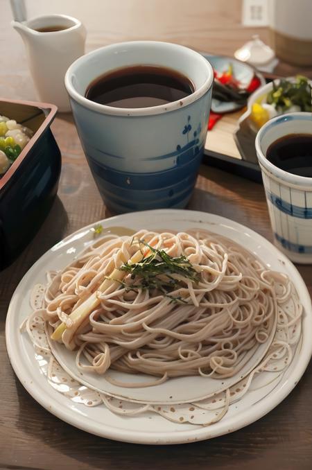 zarusoba, noodles, realistic, food, food focus, plate, cup, table, still life