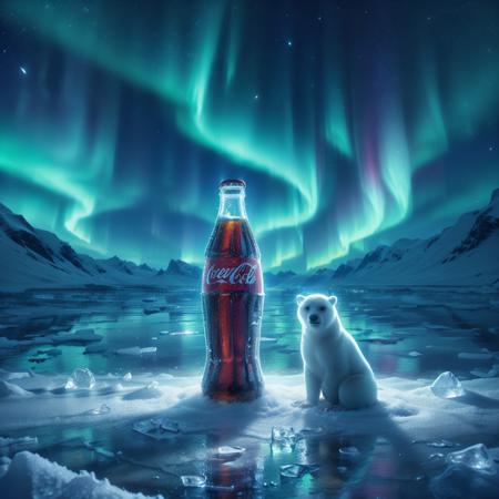 kekokelev2, a bottle of coke sitting on top of ice in the snow with an aurora light behind it and a polar bear, no humans, scenery, bottle, night, reflection, sky, aurora, water, star, mountain, outdoors, night sky, starry sky,
Best quality,masterpiece,ultra high res,<lora:20231217-1702820058385-0020:0.7>,