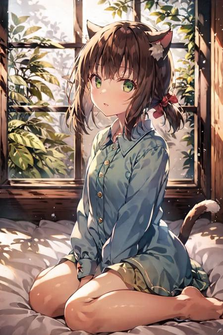 <lora:mutsuki_v1.0:0.8>,mutsuki\(azur_lane\),twintails,brown_hair, green_eyes, cat_ears, cat_tail,  cowboy shot,indoors, oversized shirt,arm up,open mouth,on bed,wariza, <lora:backlighting:0.6>,, masterpiece, best quality, extremely detailed face, sharp details, high contrast,