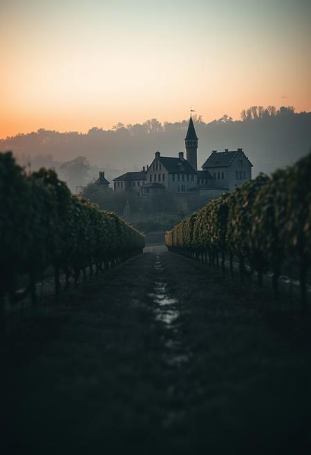 A sprawling vineyard, with a rustic chateau overlooking the grape-laden vines. highly detailed and hyper realistic photo, by Alena Aenami , by Archibald Thorburn , by Daniele Afferni , in the style of monochromatic silhouette reflection, limited dark palette, unusual dark colors, faded colors, atmospheric haze, highly dramatic cinematic lighting, motion blur, film grain, professional, excellent composition, finest details, maximized details, ultimate detail level, masterpiece, best quality