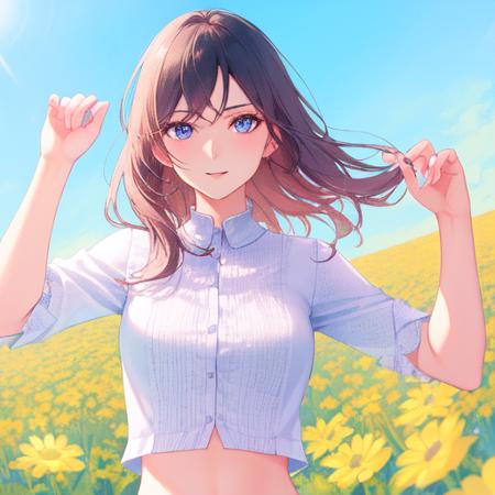 girl, solo, shirt, looking at you, face,midriff, perfect, masterpiece, flowers