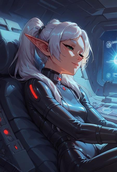 score_9, score_8_up, score_7_up, score_6_up, perfect face, perfect eyes,,4ng3l face ,  1girl, solo,  
nereirfpnxl,frieren, elf, white hair, green eyes, twintails,  , white tight plugsuit, latex, resting, relaxing, sleeping, eyes closed, light smile, 
gundamwingcockpit, futuristic, scifi, controls, joystick, holographic interface, technology,  glowing, neon, spaceship, stars,