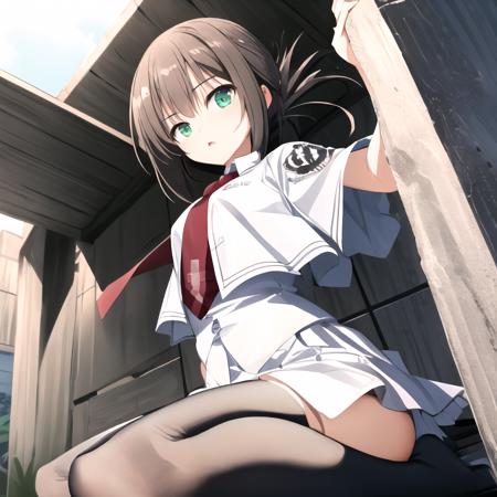 masterpiece, best quality, ultra-detailed,  1girl, seiza, sitting, looking at viewer, from below, Kimika, green eyes, folded ponytail, Kita school uniform, white skirt, red necktie, thighhighs,