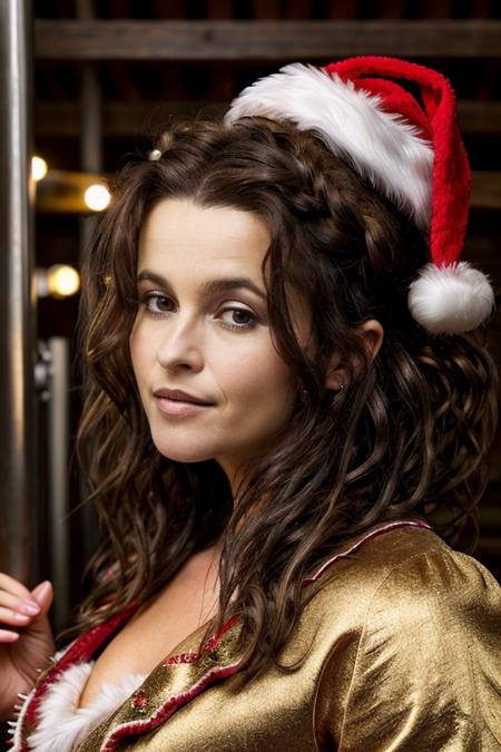 masterpiece,best quality, detailed face, santa outfit, in a chocolate factory,<lora:Helena_Bonham_Carter:1> 1girl, solo, a mature 40 year old hb1873c, brown hair, wavy,messy,up do, hair,