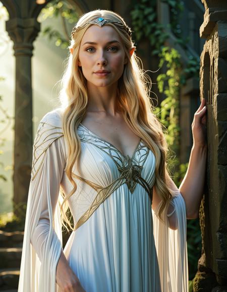 Cosplay-LotR , Create a cosplay image of Galadriel from The Lord of the Rings, showcasing her iconic white gown that accentuates her slender figure and powerful personality, with a subtle and mysterious makeup look, long blonde hair, and a bold smile, in a strong and dynamic pose, set against a stunning backdrop of Lothlórien, with intricate Elven-inspired architecture and vibrant natural patterns, in a style that blends traditional fantasy art with modern digital art, featuring bold lines, bright colors, and lush textures, with a focus on capturing Galadriel's brave and determined personality, and a hint of magical and mystical allure.