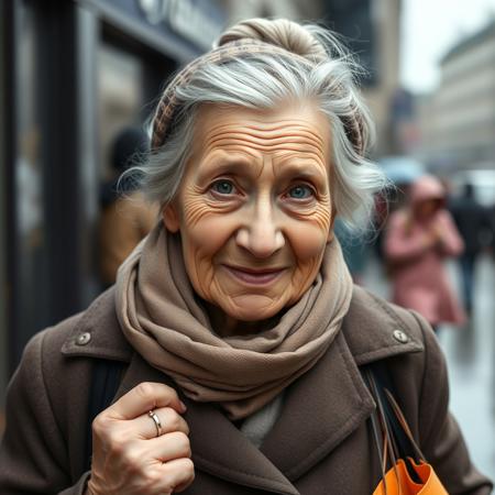elderly woman, kind face, grandmotherly, silver-gray hair, hair bun, headscarf (babushka scarf), simple coat, carrying shopping bags, weary but warm expression, wrinkles, St. Petersburg street, rainy day, helping hands, supporting character, realism, soft smile, film grain,
no makeup, no jewelry, no fantasy armor.