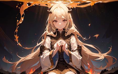 (best quality, masterpiece), (1girl, solo,brown robe, expression face, looking away, sitting, wide sleeves, black eyes, closed mouth, long hair, upper body), (night sky at cave entrance , light rising from the bottom, inside Cave, floating glowing bunch of yellow particles, burning fire at hand, floating many small fires),