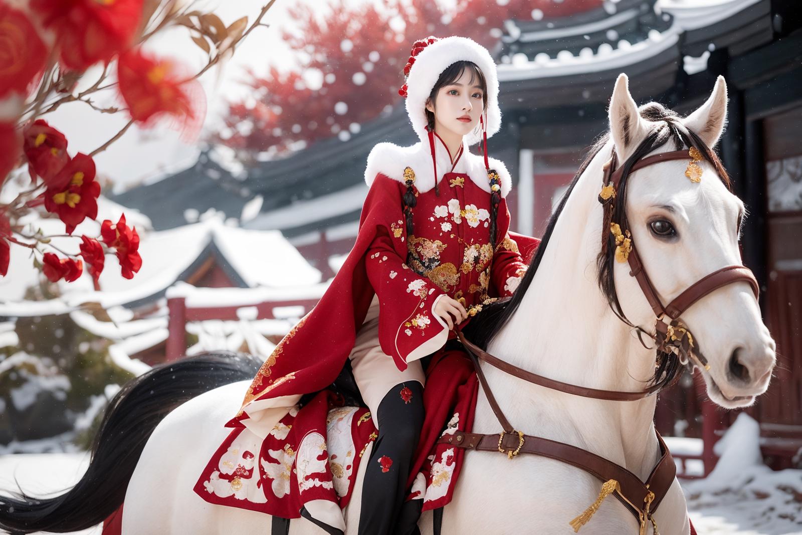 A woman in a Chinese dress riding a white horse with a golden bridle.