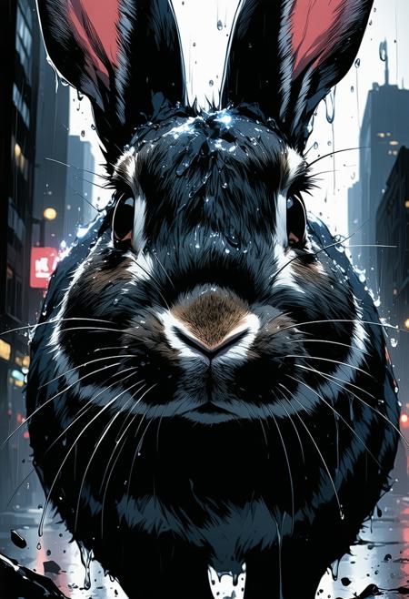 Frank Miller Sin City comic style. Extreme close-up: Bunny's head snaps upward, intense wide-eyed gaze locking onto viewer. Stark high-contrast absolute black and white, dramatic chiaroscuro casting harsh graphic shadows. Sharp focus isolates piercing dark eyes, glistening wet fur emphasized against deep shadow. Rain-slicked gritty urban twilight backdrop, softly blurred. Tense, surreal atmosphere; unexpected confrontational energy radiates from the sudden focused awareness. Wet black eyes reflect blurred city lights.