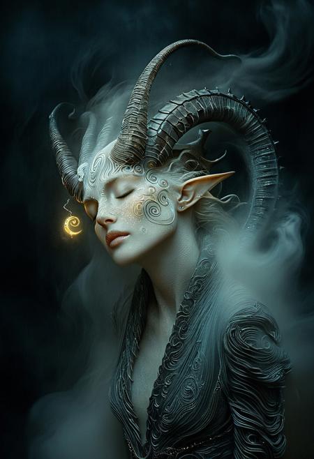 The image is a highly detailed, digital artwork created in a fantasy style. It depicts a serene, ethereal figure with a striking, otherworldly appearance. The subject is a woman with an elongated, almost androgynous face, adorned with intricate, swirling patterns on her skin that resemble ancient, mystical symbols. Her eyes are closed, giving her a contemplative, almost serene expression. 
The woman's most prominent feature is her head, which is covered in a helmet-like structure made of dark, twisted horns that spiral backwards, giving a demonic yet elegant impression. The texture of the horns is rough and almost organic, blending seamlessly with her skin, creating a mesmerizing, almost fluid look.
Her hair cascades down like a flowing mist, blending with the ethereal mist around her, which emits a soft, ethereal glow. The background is a dark, swirling vortex of cosmic mist, filled with glowing, golden orbs and faint, ethereal light, suggesting a celestial or mystical setting.
Her skin has a pale, almost ghostly texture, and her attire is minimal, consisting of flowing, ethereal robes that seem to be part of the misty background. The overall mood is one of serene, mystical contemplation, with a hint of cosmic, otherworldly power.