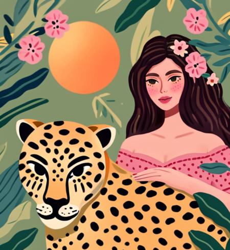 woman, flowers, leaves, pink, green, orange, blue, cheetah, nature, illustration