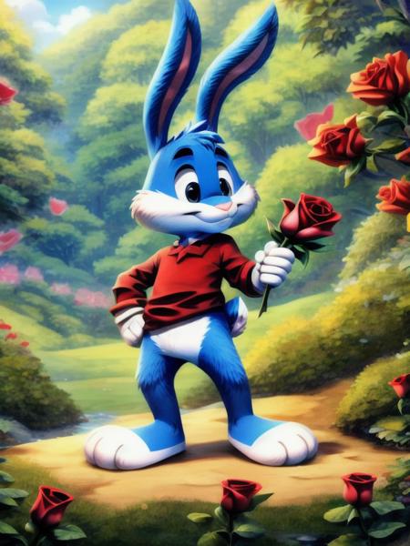 concept art <lora:Baster_v3_FR70:0.8>, <lora:Furtastic_Detailer:0.7>, solo, Baster, bunny, male, blue body color, white cheeks, white legs, white gloves on hands, pink nose, white tail, blue ears, erect ears, rabbit teeth, colorless eyes, Red T-shirt, standing, mouth closed, rose in hand, leaned forward, young, Small body, dwarf
masterpiece, high quality, best quality, detailed, detailed background, 8k, 4k, texture, intricate, detailed shaders . digital artwork, illustrative, painterly, matte painting, highly detailed