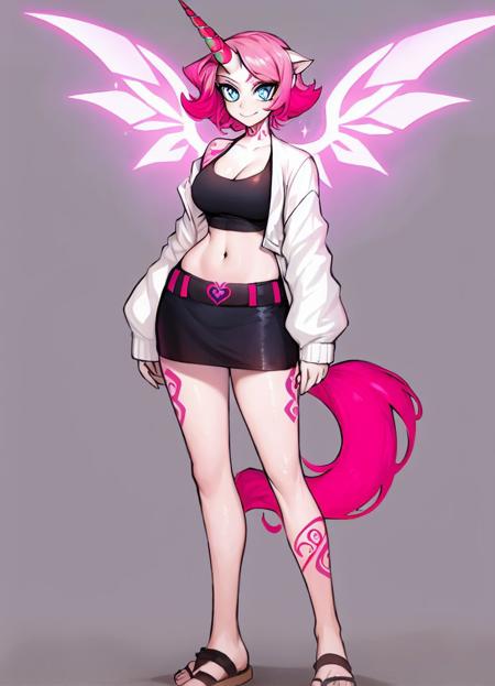 masterpiece,
matilda_fiship_new,<lora:matilda_fiship-43:1>,
 1girl, solo, looking at viewer, smile, blue eyes, skirt, simple background, long sleeves, white background, navel, cleavage, closed mouth, standing, jacket, tail, full body, pink hair, heart, wings, horns, midriff, miniskirt, off shoulder, open jacket, crop top, sparkle, v, tattoo, colored skin, sandals, single horn, horse tail, unicorn