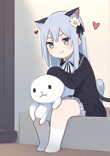 1girl,animal ears,bangs,black ribbon,blue dress,blue eyes,blue hair,blue theme,blush,bow,cat ears,cat girl,cat tail,closed mouth,collared shirt,dress,eyebrows hidden by hair,flower,hair between eyes,hair ornament,heart,holding,holding stuffed toy,long hair,long sleeves,neck ribbon,object hug,one side up,puffy long sleeves,puffy sleeves,ribbon,shirt,sitting,skirt,sleeves past wrists,smile,solo,stuffed animal,stuffed cat,stuffed toy,tail,vase,very long hair,white bow,white flower,white shirt<lora:xinzoruo-05:1>