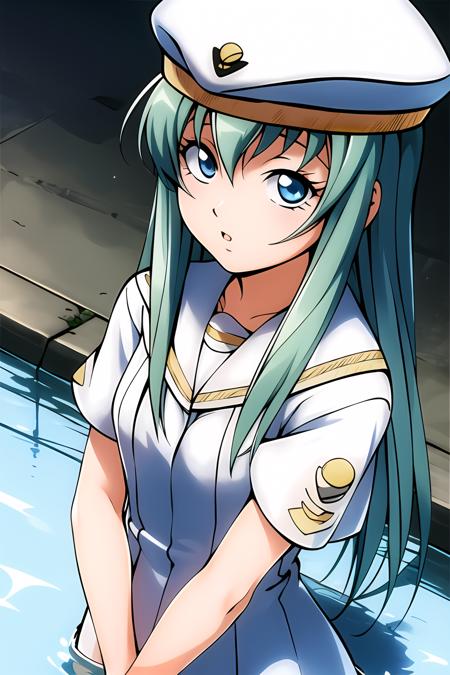 masterpiece, best quality, highly detailed, 1girl, alice carroll, long green hair, aria company uniform, beret, cute, water