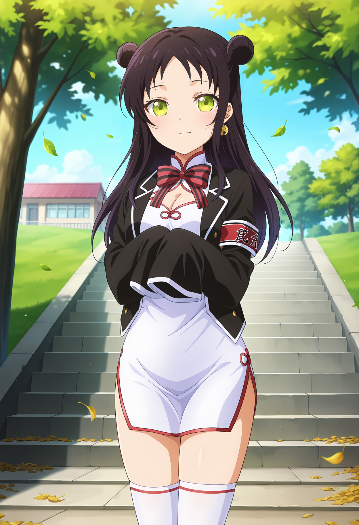 A young woman with green eyes and long, dark hair standing on a stone staircase in a sunlit, tree-lined park. She is dressed in a white cheongsam dress with a red bow at the neck and red trim along the edges. Her attire includes a black jacket with red and white accents, matching thigh-high stockings, and a red armband with a white emblem on her left arm. The background features lush green trees and a clear blue sky with a few scattered clouds. The staircase she is on is made of light gray stone, and fallen leaves are scattered around her feet.