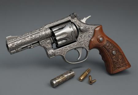 (Realism: 1.4), Cinematic lighting. revolver-type pistols, engraved elements on the handle and the stock, 6 cartridges next to the pistol
  ((detailed and detailed execution of all elements of the revolver))