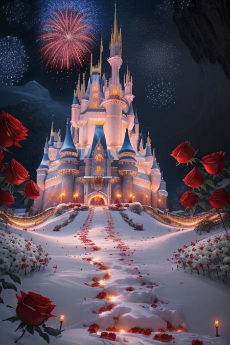 CG rendering of delicate scene, view from below, (many tall red roses:1.2), white snow ground, transparent night, big fireworks blooming in the starry blue sky, white disney castle on cliff, beautiful night, soft moonlight, deep details, clear details, ultra-wide shot, best quality, highres, <lora:FairyTaleV1a_SD1.5:0.3>