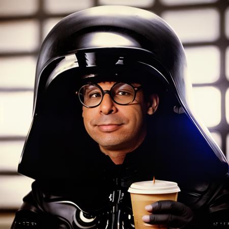 <lora:DarkHelmetV2Lora:0.9> man, helmet, hood, glasses drinking a coffee