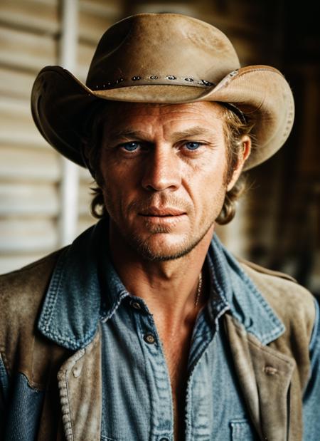 (<lora:SteveMcQueen:1>) ,a close up Portrait photo of (sm1) man with blonde short hair, Detailed face, (perfect blue eyes), (highly detailed skin:1.1), perfect body, wearing a ((Cowboy Hat, Leather Fringed Jacket, Denim Shirt, Suede Pants, Western Boots)), Modelshoot style, Professional Photography, soft lighting, PHOTOREALISTIC, Realistic, standing in a dark studio background, blurred background, volumetric fog,. RAW, analog style, sharp focus, 8k, HD, DSLR, high quality, Fujifilm XT3, film grain, award winning, masterpiece,