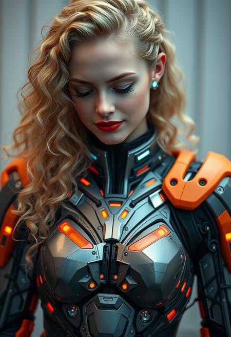 Upper body ,1 tall girl ,beautiful 28 yo girl,blonde hair, long_hair, curly hair ,((Best quality, 8k, 32k, masterpiece,RAW photo, (realistic, photo-realistic:1.3),best quality,highly detailed,masterpiece,ultra-detailed)), (eyeliner, eyeshadow, red lipstick), (glossy lips), cybernetic girl, a futuristic warrior, clad in advanced cybernetic armor with vibrant orange accents, stands in contemplative repose, head bowed and eyes blue glowing, as if lost in introspective thought. The intricate mechanical components and pulsing lights of her suit evoke a sense of technological wonder, while the simplicity of the background allows the viewer's gaze to rest solely on the enigmatic figure.,blurry background,smile,,(oil shiny skin:0.5), ((big_boobs)), willowy, chiseled, (hunky:1.4),hourglass's body,(perfect anatomy, prefect hand,), 9 head body lenth, dynamic sexy pose, (artistic pose of awoman),((upper body ,from pov:1.2)),More Detail