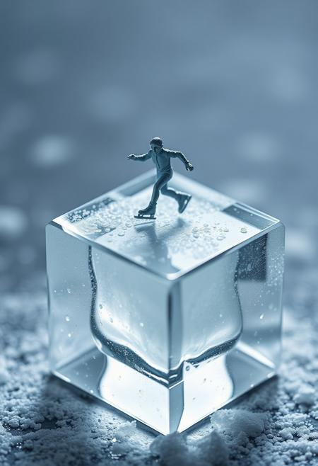 "Create a hyper-realistic image of an ice cube transformed into a miniature ice rink, with a smooth, frozen surface and delicate ice crystals. A miniature ice skater, intricately detailed and proportioned, glides across the top of the ice cube, their blades leaving tiny trails in the frosty surface. The ice cube's edges and facets are rendered in exquisite detail, with every imperfection and texture visible. The ice skater's movements are frozen in time, with their arms and legs in perfect balance. The overall effect is one of precise, miniature wonder." Highest-Quality, 8 k, intricate details, visually stunning, Masterpiece