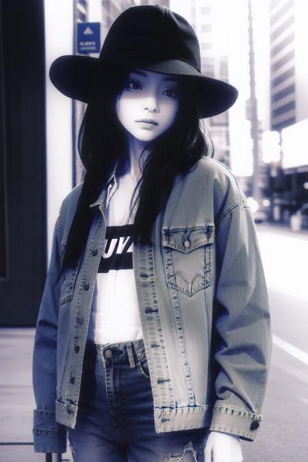 <lora:紫核力:2>1 girl, Denim trucker jacket with distressed details