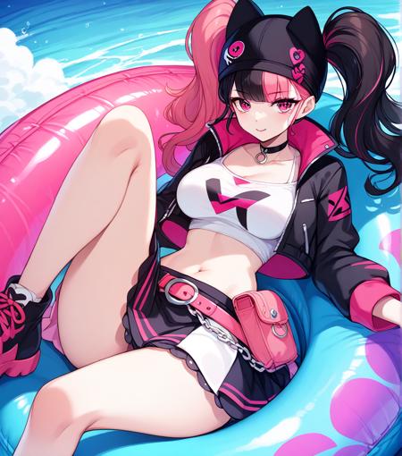 zoe_rayne long hair, bangs, black hair, twintails, pink hair, multicolored hair, pink eyes, two-tone hair, split-color hair jacket, choker, belt, black jacket, black headwear, cropped jacket, hat, miniskirt, skirt