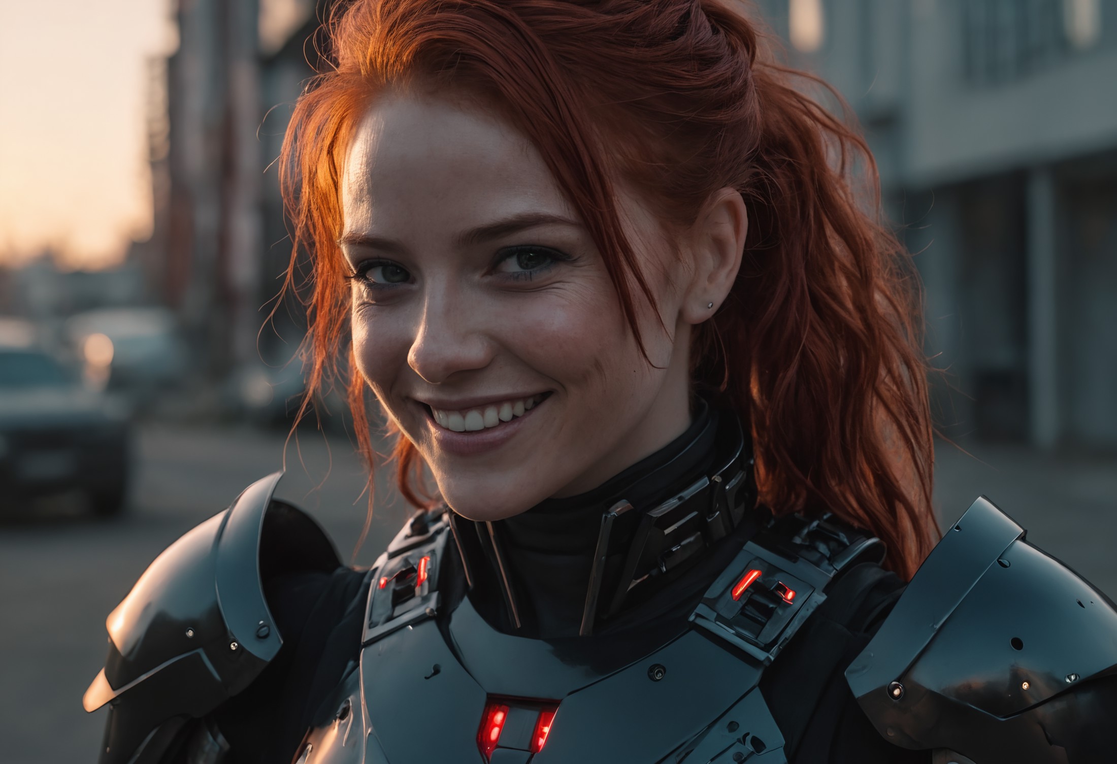 cinematic, aesthetic, a 30yo redhead woman, black armour, grinning, cyberpunk, 4k, HDR, dusk, lens flare