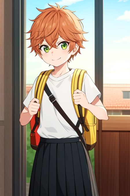 kirishimauta, indoors, smile, skirt, bag, backpack, looking at viewer, tomboy, closed mouth, sky