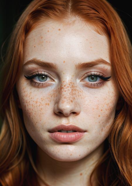 beautiful ginger lady, dark makeup, hyperdetailed photography, soft light, head and breast portrait, cover, best quality, (detailed beautiful face, detail skin texture, ultra-detailed body:1.1), (freckles, eyeliner:1.1)