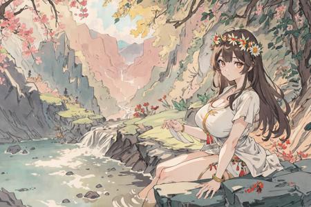 (best quality:1.4), anime, solo, large breasts, thick thighs, brown eyes, sitting, ankle bracelet, waterfall, river, rocks, mountains, ((sunbeam)), flower crown, beautiful detailed face