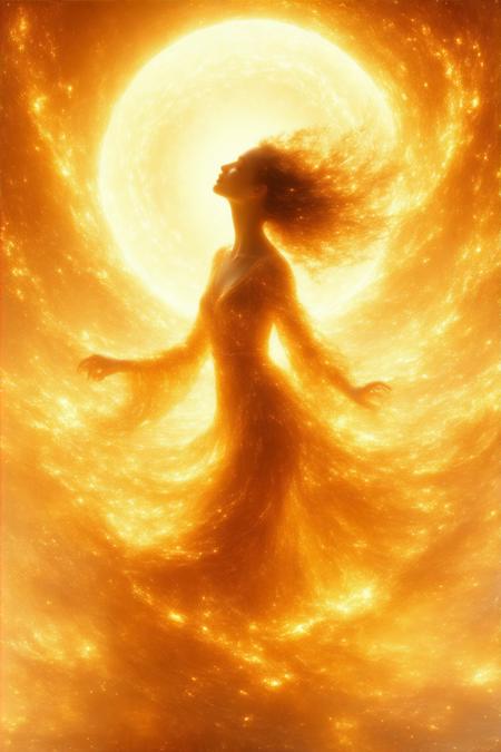 A dancing woman's silhouette emerges in fluid, interwoven strokes of molten gold, her form dissolving into a boundless field of amber and saffron under a blazing celestial light. Low-angle perspective from field level magnifies her stature against swirling horizons where Klimt’s metallic textures meet O’Keeffe’s organic curves. Backlighting etches her edges in solar flares, casting elongated shadows that ripple through textured plains like liquid silk. Heat shimmers distort the air, pollen motes glinting as her tendril-lines unfurl into ancient calligraphic symbols—a transcendent dance of ephemeral light and eternal motion.