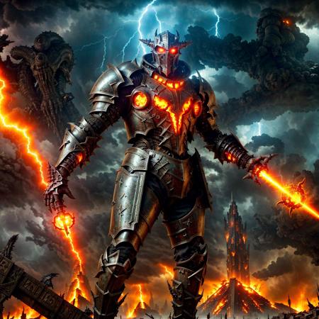apocalyptic wasteland, colossal dragon, fiery wings, shattered skyscrapers, raging inferno, battle-worn knight, futuristic armor, lightning storm, swirling vortex, otherworldly creatures, glowing runes, ancient ruins, crimson moon, dark magic, ethereal light, chaos, destruction
