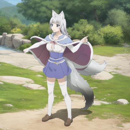 kemonomichi-shigure, white shirt blue skirt cape, (long hair, grey hair, braid),wolf ears, wolf tail, wolf girl, collarbone, full body, medium breasts, solo, 1girl, outdoors <lora:kemonomichi-shigureV2:0.7>