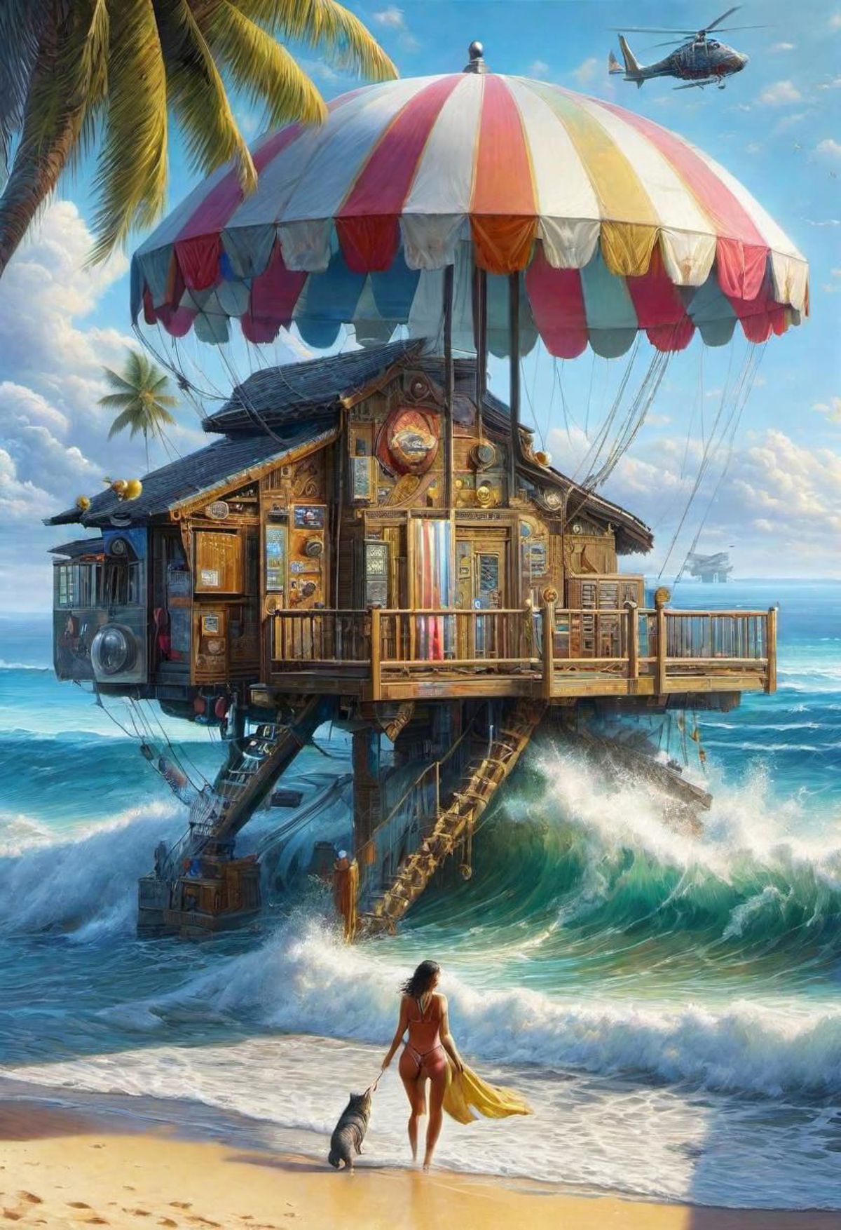 A painting of a house on stilts in the water with a woman standing in the water in front of it.
