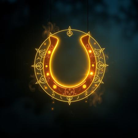 A radiant, glowing horseshoe, suspended mid-air, surrounded by a luminous, protective shield that shimmers with an ethereal aura, set against a dark, misty twilight atmosphere with a hint of mystical fog, adorned with intricate, swirling symbols that appear to ward off bad luck, each symbol unique and mysterious, with subtle, pulsing highlights that evoke a sense of ancient magic, the horseshoe's glow illuminating the surrounding air, casting an soft, warm light on the dark, misty background, with delicate, whispery tendrils of mist curling around the shield's edges, evoking a sense of mystique and enchantment.