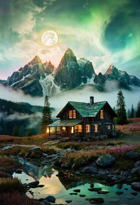 (by Ellen Jewett:1.5), (Bioluminescent Impressionism, The Dreamland), their peaks veiled in mist. mixed media, surrealism, great lighting, A surreal landscape highly detailed . extremely high-resolution details,  appears trapped in an optical illusion of reflections and refractions colorful , mountain cabin, professional photography, natural lighting, moon, night volumetric lighting maximalist. intricately detailed, complex, elegant, expansive, fantastical, film photography style,  medium grain,  <lora:MJ52:0.3>  <lora:SDXLFaeTastic2400:0.4>  <lora:EpicF4nta5yXL:0.7>.ethereal landscapes, depth of field, biotech emotion:1.3) <lora:xl_more_art-full_v1:0.5> <lora:add-detail-xl:1> <lora:RMSDXL_Creative:2>