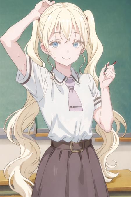 best quality, masterpiece, highres, solo, {olivia_asobiasobase:1.15}, blonde_hair, long_hair, blue_eyes, necktie, indoors, 1girl, bangs, closed_mouth, collared_shirt, looking_at_viewer, low_twintails, nervous_smile, school_uniform, shirt, short_sleeves, sweat, twintails, white_shirt, belt, chalkboard, classroom, skirt, smile, sweatdrop, very_long_hair, hands_up, nervous