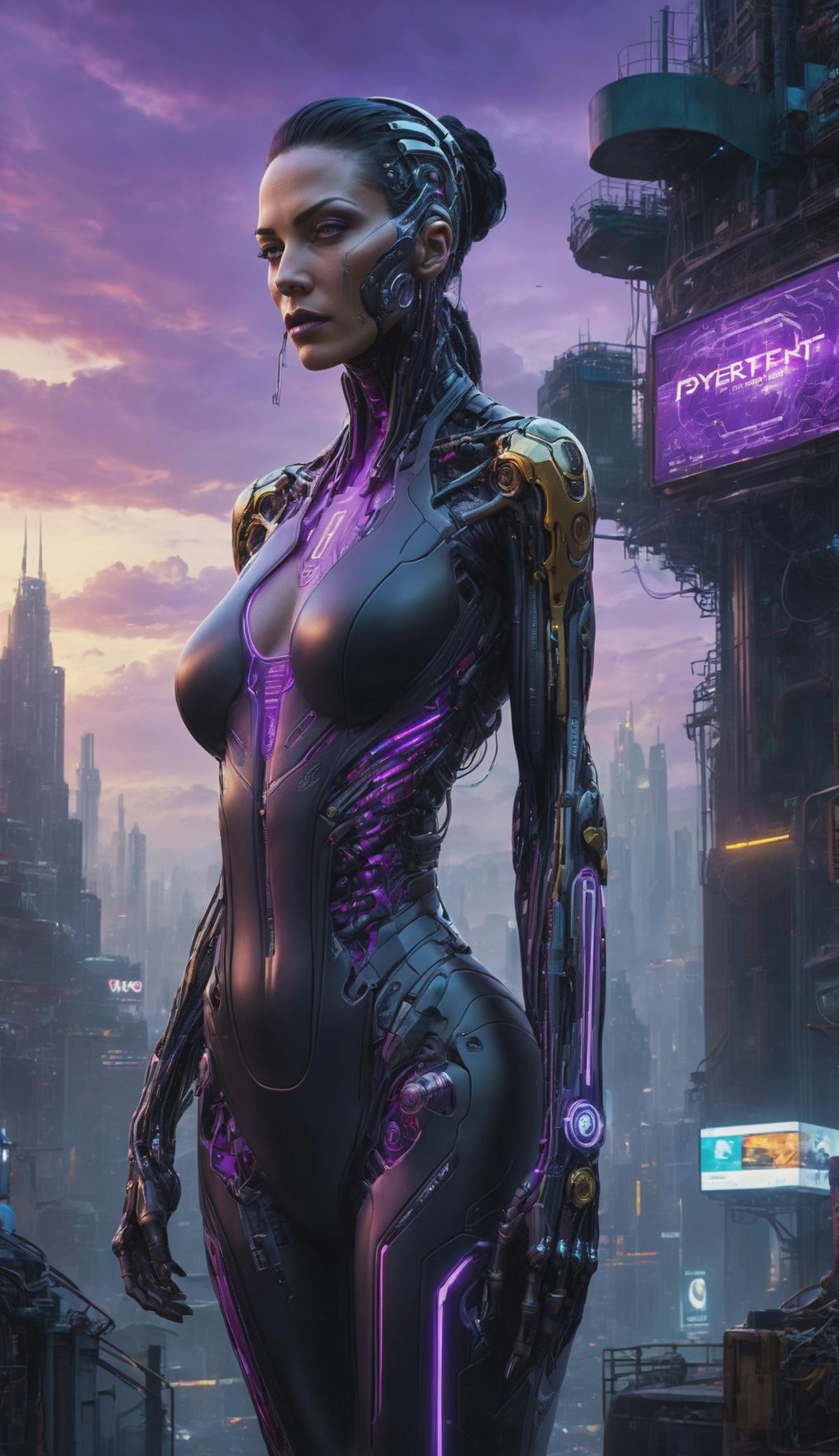 A futuristic cyborg woman wearing purple and black in a cityscape.