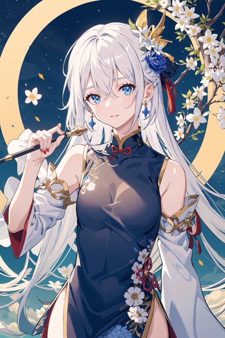 1girl, solo, hair ornament, hair flower, flower, blue eyes, holding, looking at viewer, jewelry, earrings, white hair, theresa apocalypse, bangs, long hair, bare shoulders, dress, chinese clothes, white flower, sky, parted lips, hair between eyes, night sky, breasts, sleeveless, upper body, night, hair bow, bow, small breasts, sleeveless dress, china dress, detached sleeves, black dress, wand, star (sky), holding wand, star (symbol), long sleeves, lantern