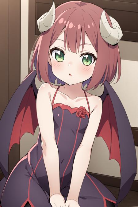 Mao, 1girl, solo, looking at viewer, blush, wings, horns, bangs, green eyes, demon girl, child, demon horns, demon wings, curled horns,  dress, bare shoulders, collarbone, parted lips, sleeveless, sleeveless dress, blush, indoors, school, sfw,