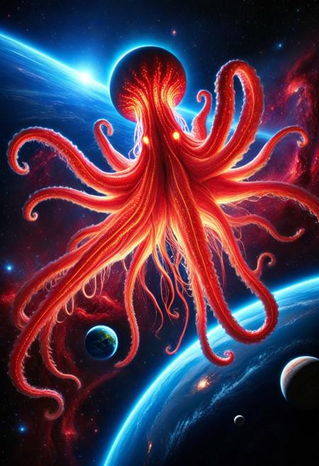 (colossal cosmic squid:1.4), (larger than planets:1.3), (luminescent red glow:1.3), massive glowing tentacles, (giant space squid devouring a planet:1.4), [[surreal]] sci-fi space scene, glowing red bioluminescent patterns across its body, deep space background [[[[filled with distant stars and galaxies]]]], (planet being pulled apart), sense of massive scale, ultra detailed textures, vibrant lighting, epic composition, cinematic perspective, high contrast,