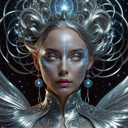 (Full body), (masterpiece), (8k, hyper-detailed), ,(surrealism), (metallic fantasy art), (((ethereal silver goddess))), face made of polished silver with glowing white eyes, expression calm and haunting, emerging from rippling liquid metal. Her body and hair merge seamlessly into swirling, ornate metallic tendrils and waves, each strand curling like sculpted filigree. Dozens of silver spheres float around her, suspended mid-air, catching glints of cosmic starlight. The background is a deep galactic space-scape with stars, nebulae, and faint celestial trails, evoking vastness and divinity. Lighting is luminous and radiant,  .highlighting the intricate reflections on the metallic textures. Baroque fluidity meets futuristic surrealism in this otherworldly portrait — divine, mesmerizing, and unreal.
cs-m3tal-ok_v06-1000, Baroque, Cyberpunk, Futuristic, cinematic