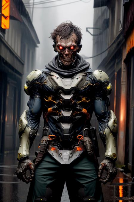 absurdres, 1boy, android, (zombie:1.2), machinery, military, headgear, mechanical arms, mechanical jaw, mechanical parts, solo, blue eyes, rain, glowing eyes, <lora:nijiarmor:1>