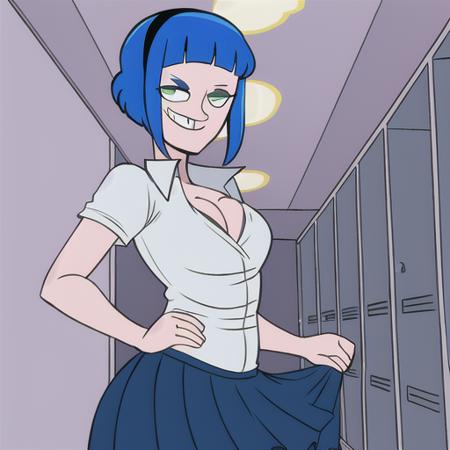 <lora:HellOnEarth:0.8>, 1girl, Cici, school hallway, lockers, blue hair, grin, short hair, cleavage, small breasts, skirt, white shirt, hairband, green eyes, looking at viewer, HellOnEarth