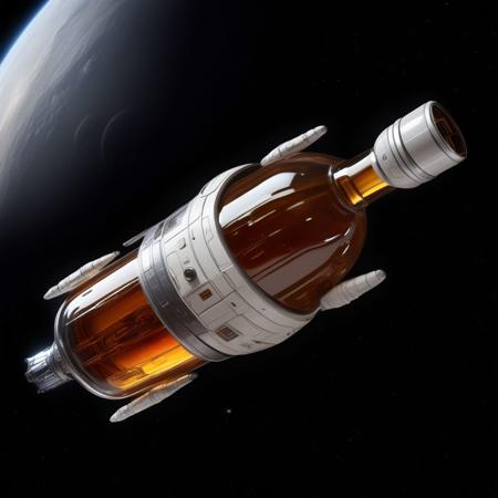 a spaceship that look like a bottle of whiskey, in space,