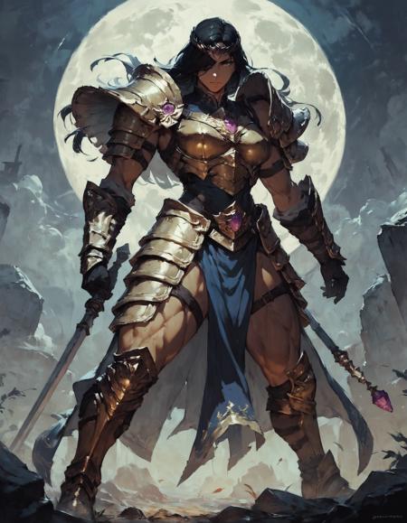 score_9, score_8_up, score_7_up, score_6_up, score_5_up, Woman with dark hair and bangs, dressed in black and gold royal armor. She is standing confident in a dark battlefield. She has a tiny scar on her face and a purple gem circlet. Her boots are black and studded. rating_safe, (cutesexyrobutts:0.3), hair over one eye, solo, full body profile view, big thick muscular thighs legs, full moon, night sky, night,
(high quality, detailed, beautiful),detailed soft lighting
<lora:Concept Art Twilight Style SDXL_LoRA_Pony Diffusion V6 XL:1> <lora:Anime Summer Days Style SDXL_LoRA_Pony Diffusion V6 XL:0.4>