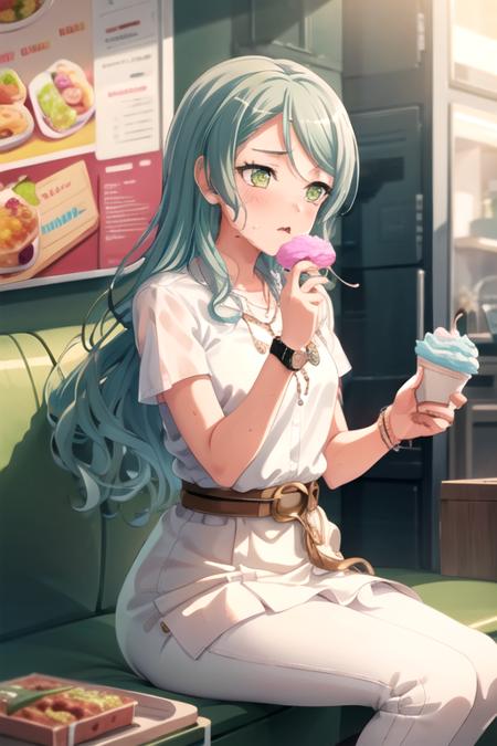 <lora:SayoHikawa-10:0.7>,sayobd, 1girl, solo, long hair, blush, hirt, dress, holding, jewelry, sitting, green eyes, white shirt, short sleeves, food, belt, pants, necklace, white dress, aqua hair, eating, black pants, flying sweatdrops, holding food, pendant, watch, wristwatch, brown belt, leggings, cotton candy