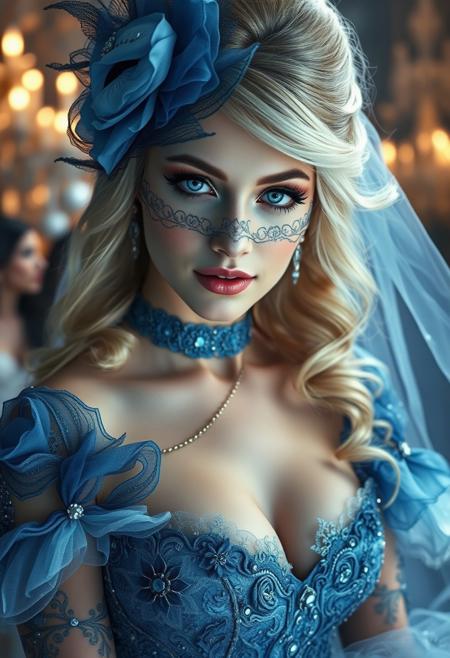 high-fashion realistic real-life intricately-detailed fairytale fantasy dark-romance close-up shot of a blonde gorgeous busty pouty-lipped most beautiful woman on earth Cinderella at a masquerade ball, wearing an elegant intricate blue ballgown, 18yo showing lots of skin, (highly detailed masterpiece Realistic extremely hyper aesthetic) Digital Watercolor Style, Ethereal fluidity painting art style of uses fluid and flowing brushstrokes, creates a sense of movement and lightness, dynamic and abstract composition, professional-grade execution, captures the beauty of fluid dynamics, evokes a sense of calm and serenity, The Cinderveil envisioned in a Fashion illustration style, The high-contrast, elegant linework and sweeping forms lend the scene a spectral grandeur, where beauty and transience exist in perfect tension, light-art, lens-flare, magical, spiritual, professional-quality design, dark, chiaroscuro, low-key, stock photo, pro photo, subtle film-grain, 35mm photography